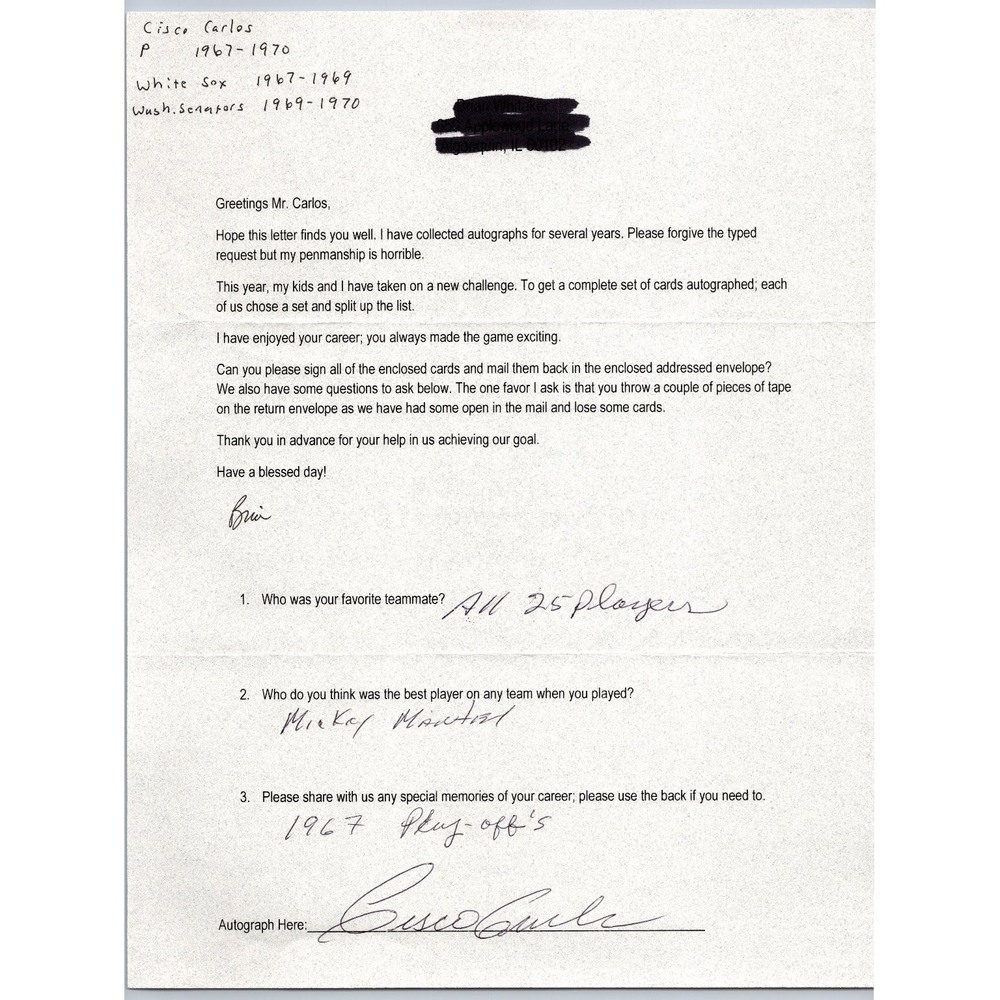Cisco Carlos Autograph Letter Signed Baseball White Sox Senators Mickey Mantle
